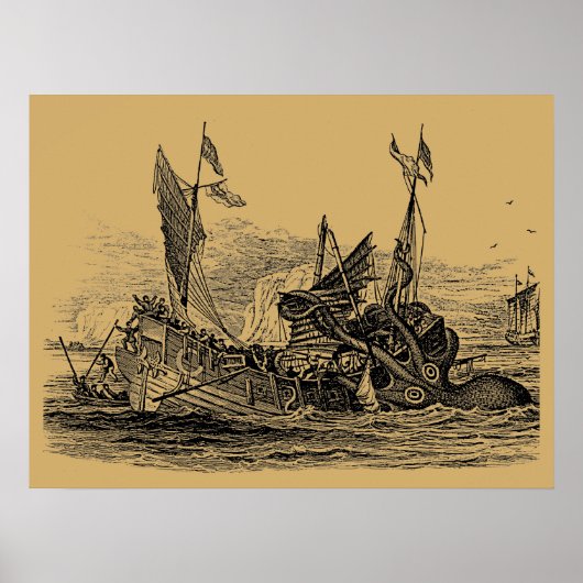 Kraken Attacks Ship Steampunk Poster (Voorkant)