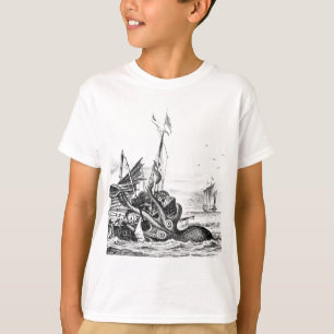 Kraken die een zeilschip opblaast t-shirt