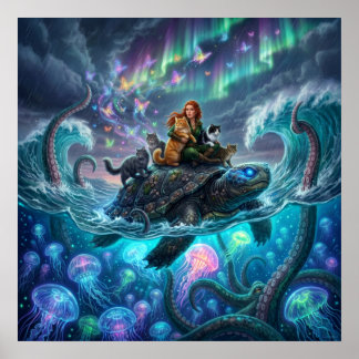 Kraken en de Wereldschildpad — Aurora Fantasy Art  Poster