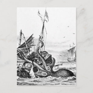 Kraken/octopus die een piraatschip opeet, zwart/wi briefkaart
