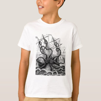 Kraken/octopus die een piraatschip opeet, zwart/wi t-shirt