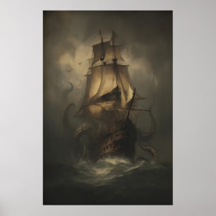 Kraken-piatenschip, reusachtige octopus-schilderij poster