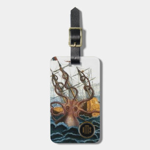 Kraken Steampunk  Octopus 3 Letter Monogram Bagagelabel