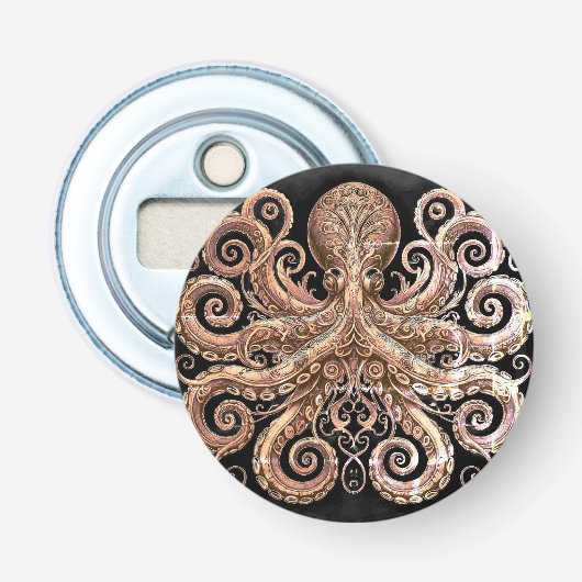 Kraken Steampunk Octopus  Gold Black Button Flesopener (Voorkant)
