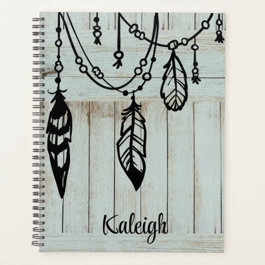 kralen en veren aan weetherde blauw-Barn-planken Planner (Voorkant)