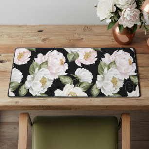 Kralenwit & Roze Pioen Bloempatroon Monogram Bureaumat