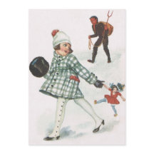 Krampus die een klein meisje met pop achtervolgt