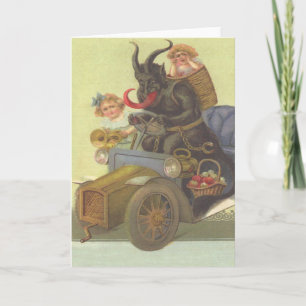Krampus die kleine meisjes in de auto produceert feestdagen kaart