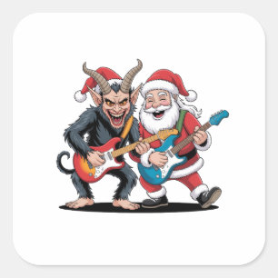 Krampus en Kerstman spelen elektrische gitaar Kers Vierkante Sticker