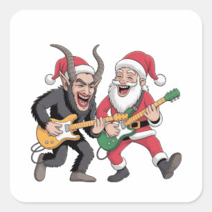 Krampus en Kerstman spelen elektrische gitaar Kers Vierkante Sticker