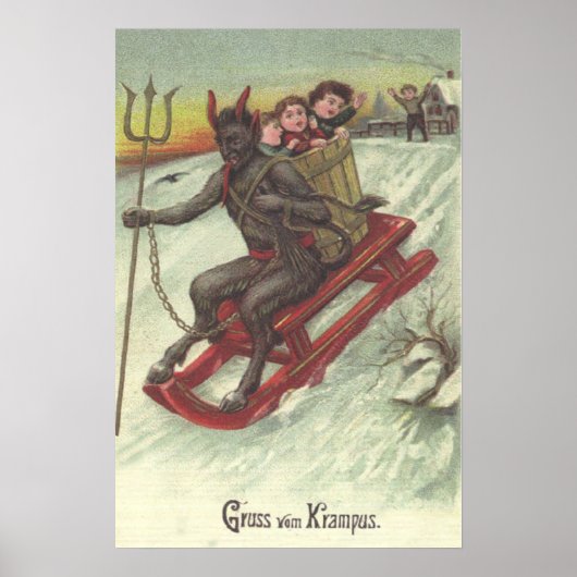 Krampus Kidnapping Kinderen op slee Pitchfork Poster (Voorkant)
