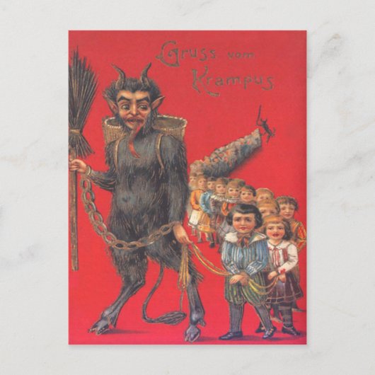 Krampus met slechte kinderen briefkaart (Voorkant)