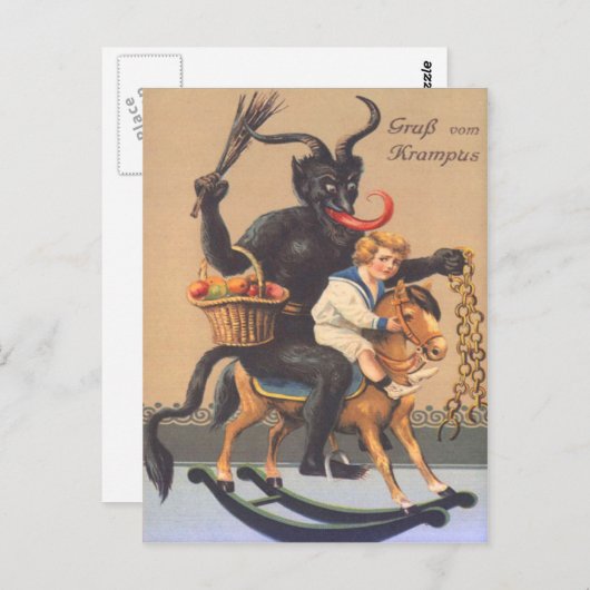 Krampus Riding Hobbyhorse with Boy Briefkaart (Voorkant / Achterkant)
