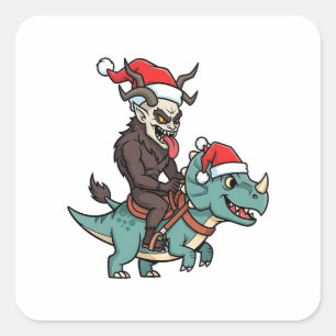 Krampus rijdt op een dinosaurus Santa Christmas Ev Vierkante Sticker