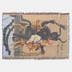 Krampus rijdt op een stokpaard met jongen deken