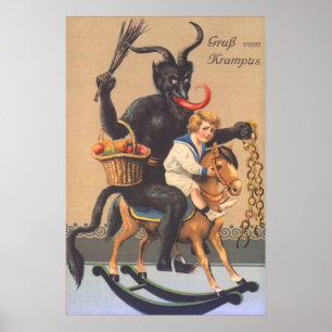 Krampus rijdt op een stokpaard met jongen poster