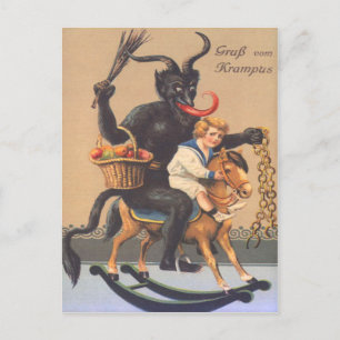 Krampus rijdt op hobbyhorse met jongen briefkaart