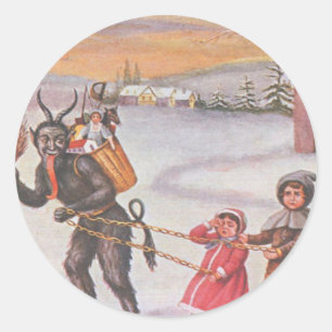 Krampus steelt speelgoed en kinderen ronde sticker