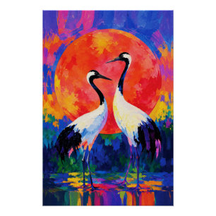 Kranen bij zonsondergang – Fauvistische wildschild Perfect Poster