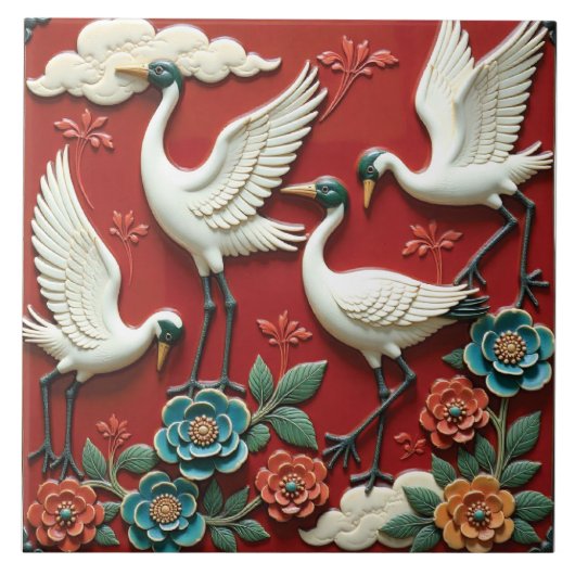 Kranen die op bloemtakken rusten tegeltje (Voorkant)