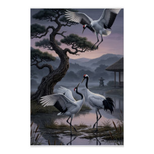 Kranen onder dennenbomen Oosterse esthetiek fleece Perfect Poster