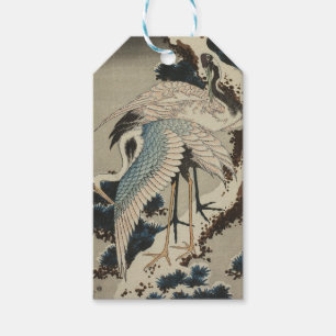 Kranen op een met sneeuw beklede Pine Hokusai Cadeaulabel