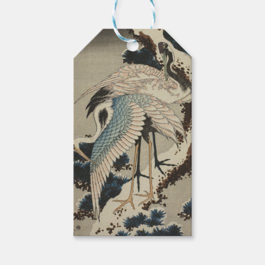 Kranen op een met sneeuw beklede Pine Hokusai Cadeaulabel (Voorkant)