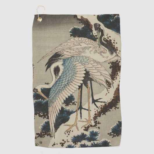 Kranen op een met sneeuw beklede Pine Hokusai Golfhanddoek (Voorkant)