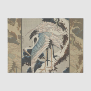 Kranen op een met sneeuw beklede Pine Hokusai Tissuepapier