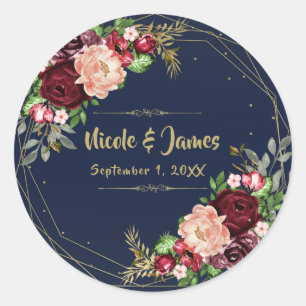 Krans Florale Navy Blauwe Goud & Burgundy Trouw Ronde Sticker