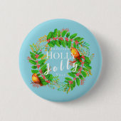 Krans Holly Jolly Christmas Blauwgroen Ronde Button 5,7 Cm (Voorkant)