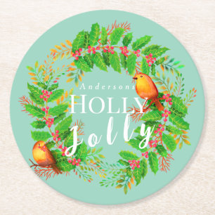 Krans Holly Jolly Family licht Blauwgroen Ronde Kartonnen Onderzetter