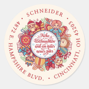 Krans met 'Frohe Weihnachten' USA Rood Retouradres Ronde Sticker