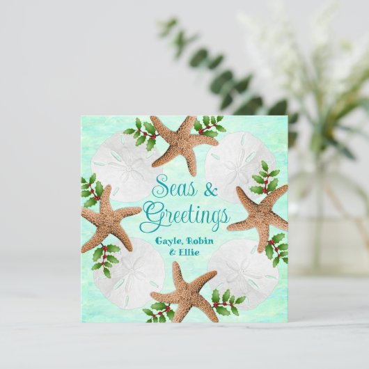 Krans met Kerst en Strandschelpen Plat Feestdagenkaart (Staand voorkant)