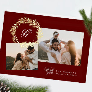 Krans met monogram klassieke Kerstmis TWEE foto Folie Feestdagenkaart