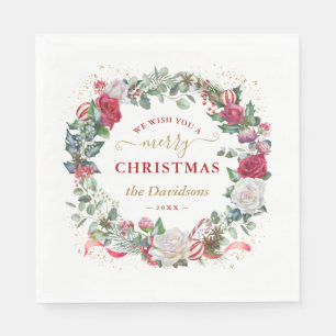 Krans met monogram 'We wensen u een prettig kerstf Servet