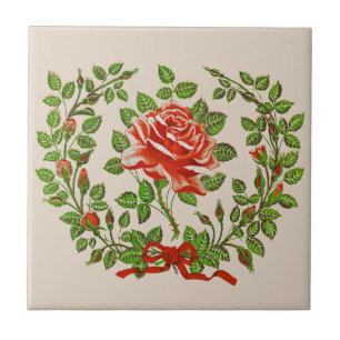 Krans met oude rode rozen bloemschildering kunst tegeltje
