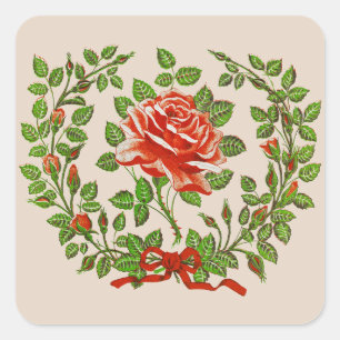 Krans met oude rode rozen bloemschildering kunst vierkante sticker