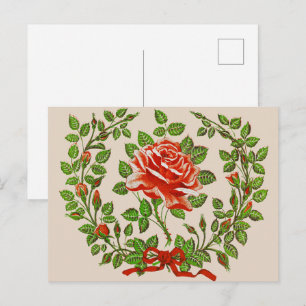 Krans met oude rode rozen bloemstuk begrroetings k briefkaart