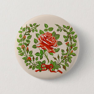 Krans met oude rode rozen bloemstuk begrroetings k ronde button 5,7 cm
