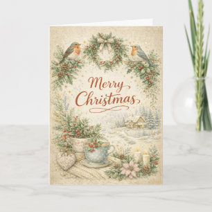 Krans met Vintage Robin Kerstgroet Feestdagen Kaart