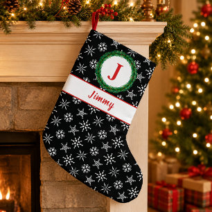 Krans Monogram Je Naam Zwart & Witte Sneeuwvlokken Kleine Kerstsok