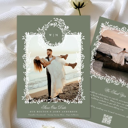 Krans Monogram Sage Groen Elegant ingelijst Foto Save The Date