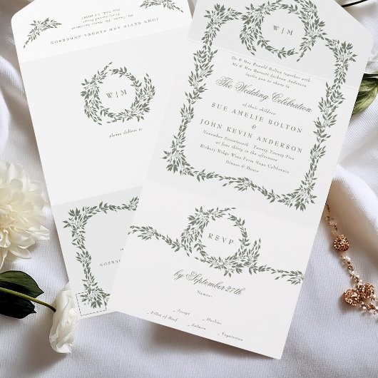 Krans Monogram Sage Groen Elegant Lijst Bruiloft All In One Uitnodiging