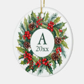 Krans Pinecones bessen Foto Monogram Jaar Keramisch Ornament (Links)