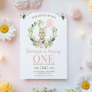 Krans Roze Bloemen Konijn Bunny 1e Verjaardag Kaart