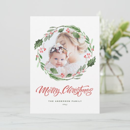 Krans van hulst en groen Kerstkrans Cirkel Foto Pr Feestdagenkaart (Staand voorkant)