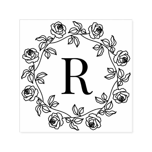 Krans van Rozen Center Single Initiaal Monogram Zelfinktende Stempel (Design)