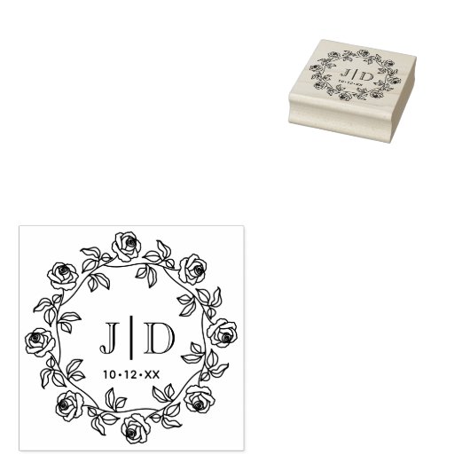 Krans van Rozen Twee Initiaal Bruiloft Monogram CO Rubberstempel (Gestempeld)