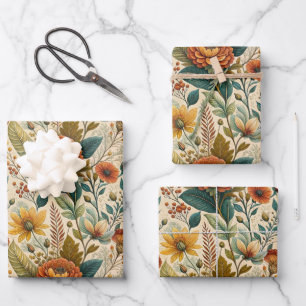 Krans van wilde herfstbloemen en bladeren in felle inpakpapier vel